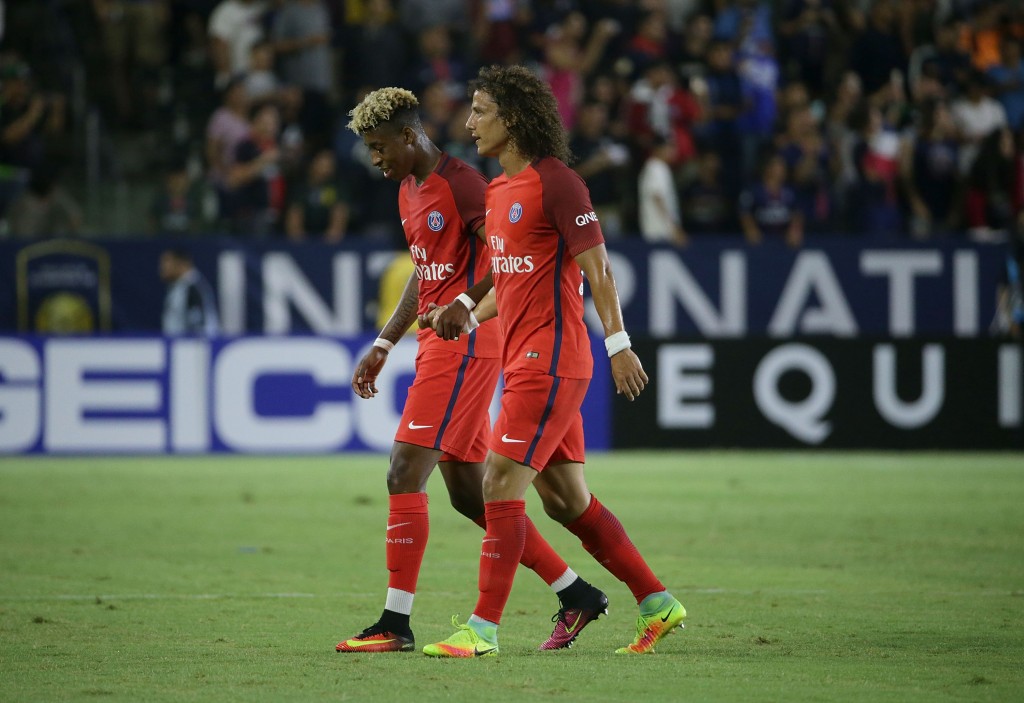 CARSON, CA - JULY 30: Presnel Kimpembe #3 and David Luiz #32 of Paris Saint-Germain shake hands as they walk to the sideline against Leicester City during the 2016 International Champions Cup at StubHub Center on July 30, 2016 in Carson, California. (Photo by Jeff Gross/Getty Images)