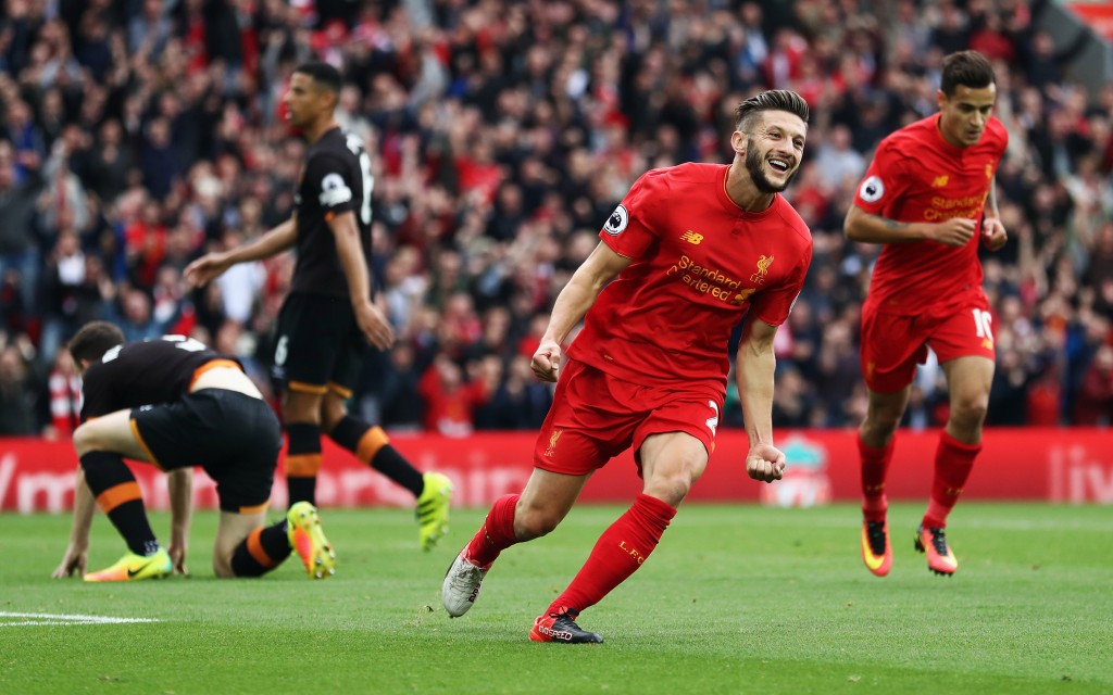 LIVERPOOL, ENGLAND - SEPTEMBER 24: Adam Lallana of Liverpool scores his sides first goal during the Premier League match between Liverpool and Hull City at Anfield on September 24, 2016 in Liverpool, England. (Photo by Julian Finney/Getty Images)