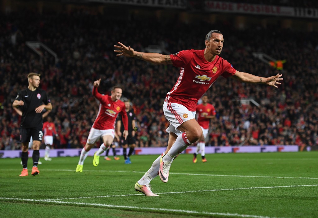 MANCHESTER, ENGLAND - SEPTEMBER 29: Zlatan Ibrahimovic of Manchester United celebrates after scoring the opening goal during the UEFA Europa League group A match between Manchester United FC and FC Zorya Luhansk at Old Trafford on September 29, 2016 in Manchester, England. (Photo by Laurence Griffiths/Getty Images)