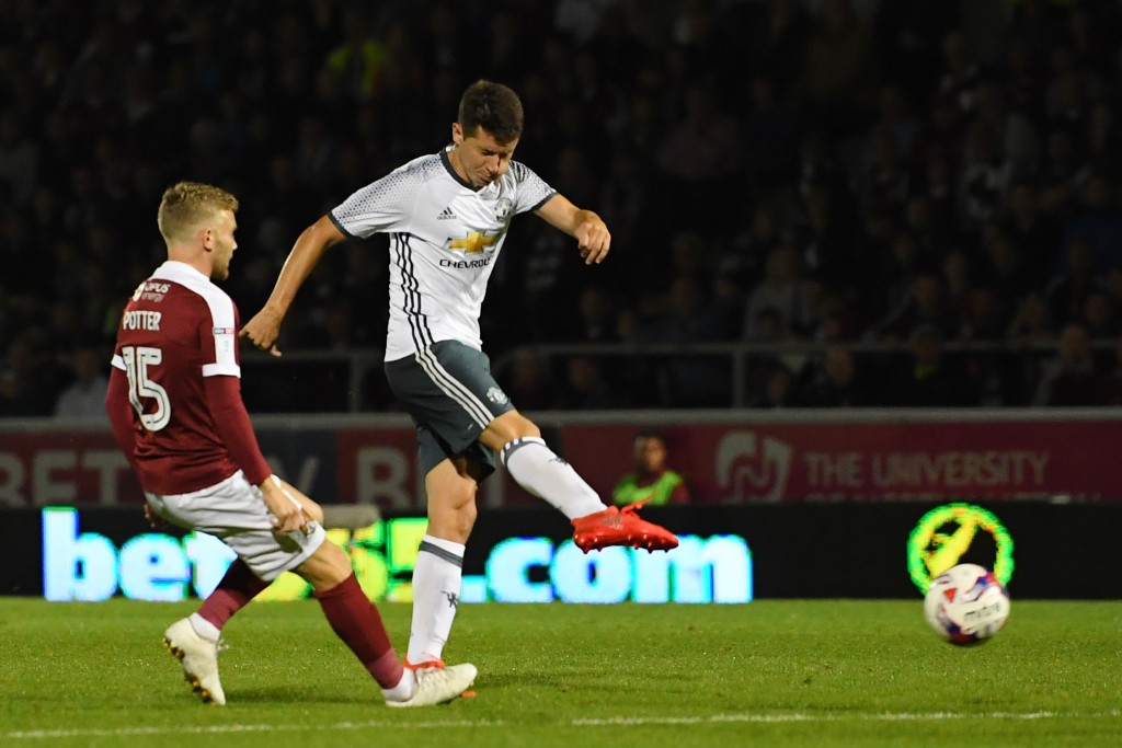 NORTHAMPTON, ENGLAND - SEPTEMBER 21: Ander Herrera of Manchester United scores his sides second goal during the EFL Cup Third Round match between Northampton Town and Manchester United at Sixfields on September 21, 2016 in Northampton, England. (Photo by Laurence Griffiths/Getty Images)