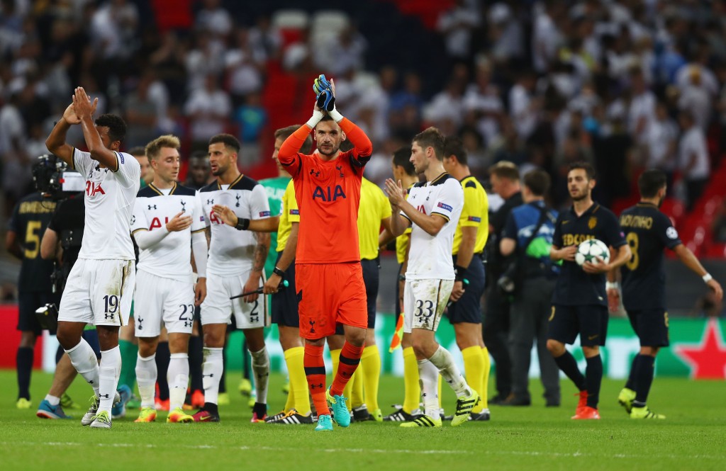 LONDON, ENGLAND - SEPTEMBER 14: Hugo Lloris of Tottenham Hotspur and his team-mates applaud fans during the UEFA Champions League match between Tottenham Hotspur FC and AS Monaco FC at Wembley Stadium on September 14, 2016 in London, England. (Photo by Clive Rose/Getty Images)