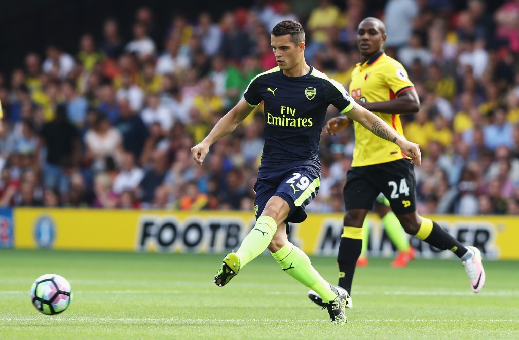 WATFORD, ENGLAND - AUGUST 27: Granit Xhaka of Arsenal in action during the Premier League match between Watford and Arsenal at Vicarage Road on August 27, 2016 in Watford, England. (Photo by David Rogers/Getty Images)