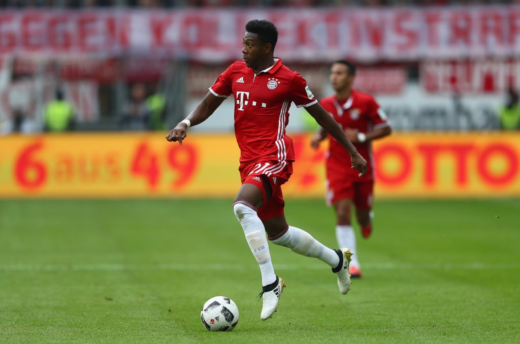 FRANKFURT AM MAIN, GERMANY - OCTOBER 15: David Alaba of Muenchen runs with the ball during the Bundesliga match between Eintracht Frankfurt and Bayern Muenchen at Commerzbank-Arena on October 15, 2016 in Frankfurt am Main, Germany. (Photo by Lars Baron/Bongarts/Getty Images)