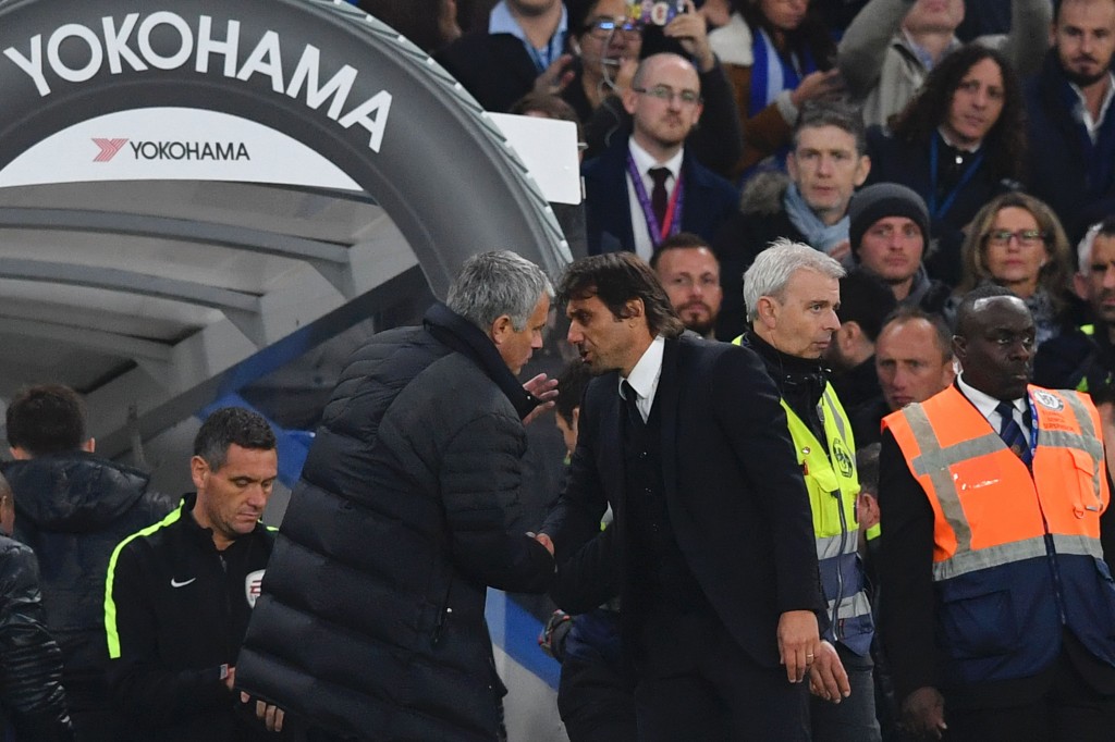 Chelsea's Italian head coach Antonio Conte (R) shakes hands with Manchester United's Portuguese manager Jose Mourinho (L) after the final whistle of the English Premier League football match between Chelsea and Manchester United at Stamford Bridge in London on October 23, 2016. / AFP / BEN STANSALL / RESTRICTED TO EDITORIAL USE. No use with unauthorized audio, video, data, fixture lists, club/league logos or 'live' services. Online in-match use limited to 75 images, no video emulation. No use in betting, games or single club/league/player publications. / (Photo credit should read BEN STANSALL/AFP/Getty Images)