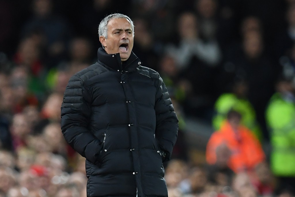 Manchester United's Portuguese manager Jose Mourinho gestures during the English Premier League football match between Liverpool and Manchester United at Anfield in Liverpool, north west England on October 17, 2016. / AFP / Paul ELLIS / RESTRICTED TO EDITORIAL USE. No use with unauthorized audio, video, data, fixture lists, club/league logos or 'live' services. Online in-match use limited to 75 images, no video emulation. No use in betting, games or single club/league/player publications. / (Photo credit should read PAUL ELLIS/AFP/Getty Images)