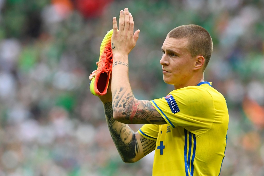 Sweden's defender Victor Nilsson-Lindelof applauds at the end of the Euro 2016 group E football match between Ireland and Sweden at the Stade de France stadium in Saint-Denis, near Paris, on June 13, 2016. (Photo by JONATHAN NACKSTRAND/AFP/Getty Images)