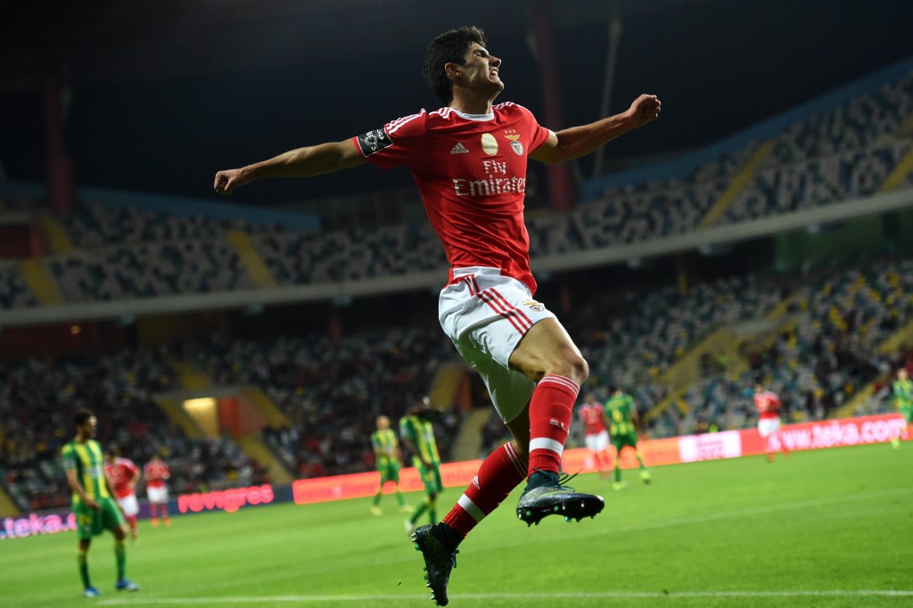 Benfica's forward Goncalo Guedes celebrates after scoring a goal during the Portuguese league football match CD Tondela vs SL Benfica at the Aveiro Municipal stadium in Aveiro on October 30, 2015. AFP PHOTO / FRANCISCO LEONG (Photo credit should read FRANCISCO LEONG/AFP/Getty Images)
