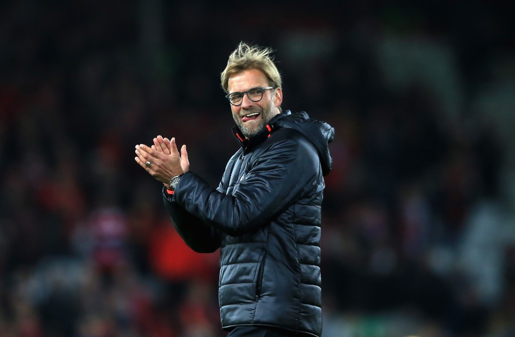LIVERPOOL, ENGLAND - OCTOBER 22: Jurgen Klopp, Manager of Liverpool applauds the fans following their team's 2-1 victory during the Premier League match between Liverpool and West Bromwich Albion at Anfield on October 22, 2016 in Liverpool, England. (Photo by Jan Kruger/Getty Images)