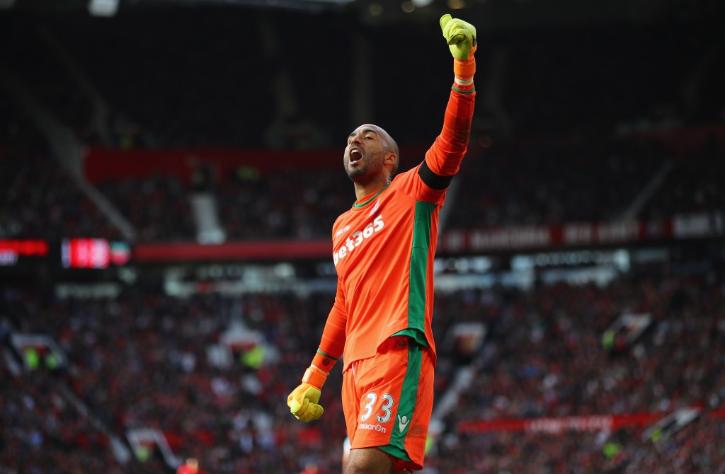 MANCHESTER, ENGLAND - OCTOBER 02: Lee Grant of Stoke City celebrates after the final whistle during the Premier League match between Manchester United and Stoke City at Old Trafford on October 2, 2016 in Manchester, England. (Photo by Clive Brunskill/Getty Images)