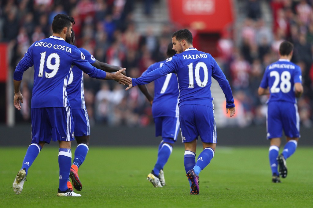 Diego Costa and Eden Hazard will look to lead Chelsea to a tenth win on the bounce on Wednesday. (Photo by Ian Walton/Getty Images)