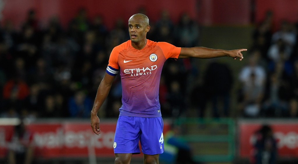 SWANSEA, WALES - SEPTEMBER 21: Vincent Kompany of Manchester City in action during the EFL Cup Third Round match between Swansea City and Manchester City at the Liberty Stadium on September 21, 2016 in Swansea, Wales. (Photo by Stu Forster/Getty Images)