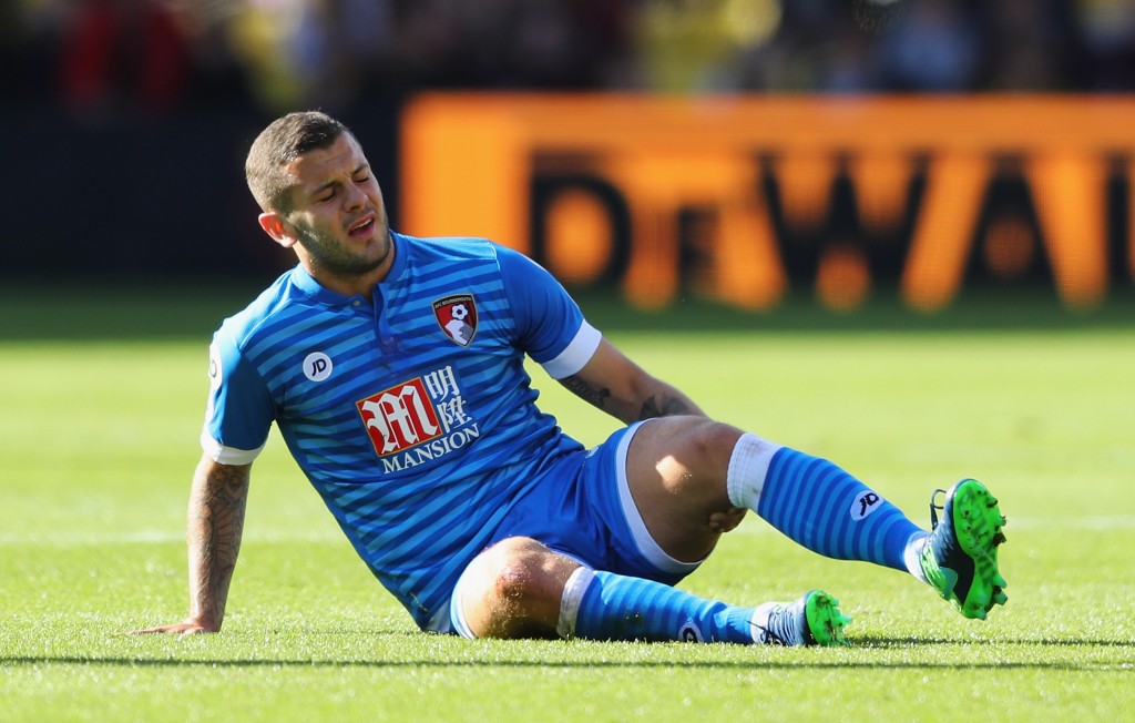 WATFORD, ENGLAND - OCTOBER 01: Jack Wilshere of AFC Bournemouth holds his leg after going down injured during the Premier League match between Watford and AFC Bournemouth at Vicarage Road on October 1, 2016 in Watford, England. (Photo by Richard Heathcote/Getty Images)