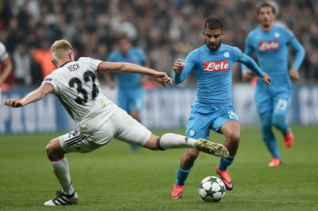 Napoli's Italian forward Lorenzo Insigna (R) vies for the ball with Besiktas' German defender Andreas Beck (L) during the UEFA Champions League football match between Besiktas and Napoli at the Vodafone Arena Stadium on November 1, 2016 in Istanbul. / AFP / OZAN KOSE (Photo credit should read OZAN KOSE/AFP/Getty Images)