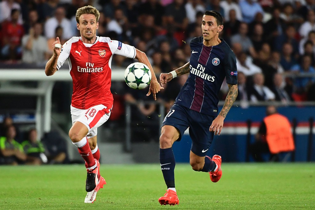 Arsenal's Spanish defender Nacho Monreal (L) vies with Paris Saint-Germain's Argentinian midfielder Angel Di Maria during the UEFA Champions League Group A football match between Paris-Saint-Germain vs Arsenal FC, on September 13, 2016 at the Parc des Princes stadium in Paris. / AFP / MIGUEL MEDINA (Photo credit should read MIGUEL MEDINA/AFP/Getty Images)