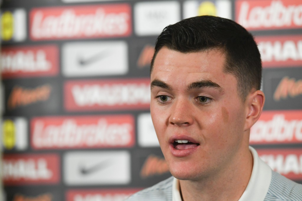 England defender Michael Keane speaks during a press conference at St George's Park in Burton-on-Trent on November 8, 2016, ahead of their group F World Cup qualifying football match against Scotland on November 11. / AFP / PAUL ELLIS / NOT FOR MARKETING OR ADVERTISING USE / RESTRICTED TO EDITORIAL USE -- EMBARGOED -- NOT FOR USE UNTIL 0600GMT NOVEMBER 10, 2016 (Photo credit should read PAUL ELLIS/AFP/Getty Images)