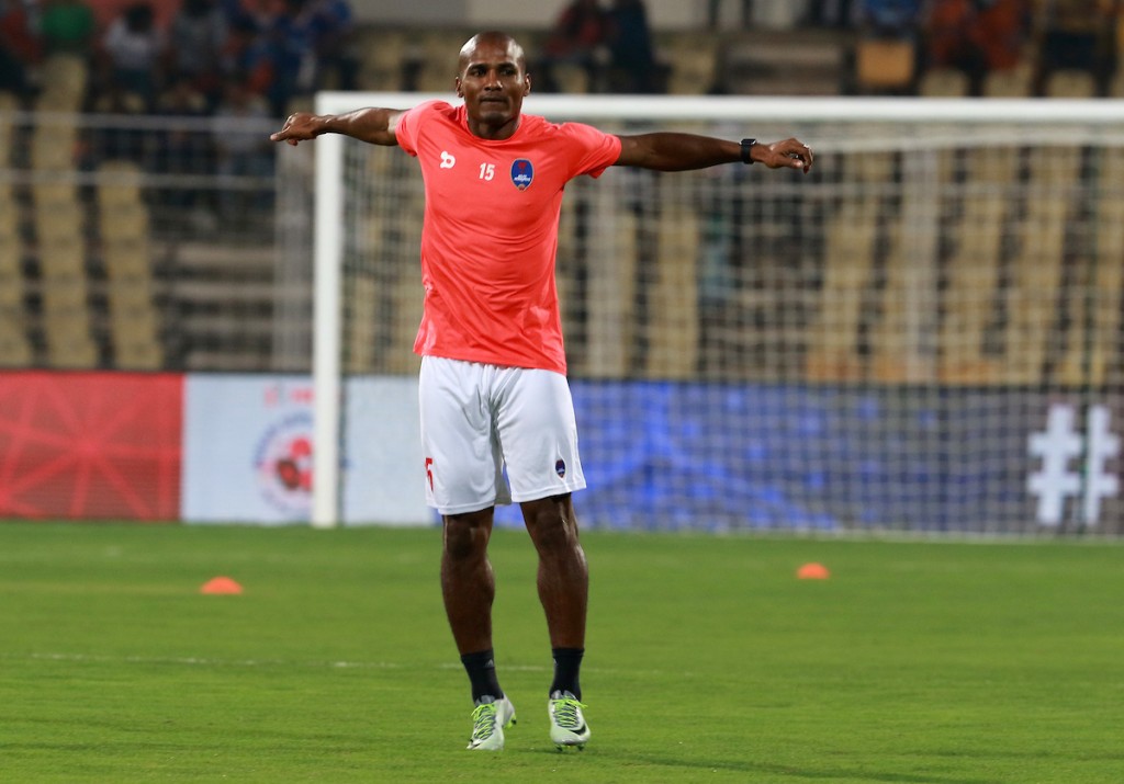 Florent Johan Malouda of Delhi Dynamos FC warm up before the start of the match 27 of the Indian Super League (ISL) season 3 between FC Goa and Delhi Dynamos FC held at the Fatorda Stadium in Goa, India on the 30th October 2016. Photo by Vipin Pawar / ISL / SPORTZPICS