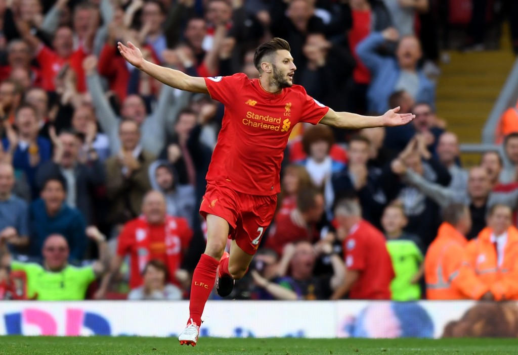 LIVERPOOL, ENGLAND - SEPTEMBER 10: Adam Lallana of Liverpool celebrates scoring his sides third goal during the Premier League match between Liverpool and Leicester City at Anfield on September 10, 2016 in Liverpool, England. (Photo by Michael Regan/Getty Images)