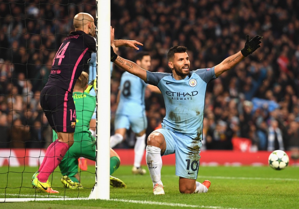 MANCHESTER, ENGLAND - NOVEMBER 01: Sergio Aguero of Manchester City celebrates his sides third goal during the UEFA Champions League Group C match between Manchester City FC and FC Barcelona at Etihad Stadium on November 1, 2016 in Manchester, England. (Photo by Shaun Botterill/Getty Images)