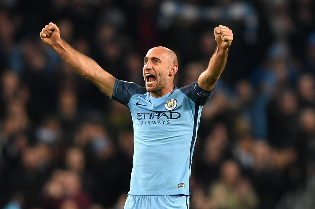 MANCHESTER, ENGLAND - NOVEMBER 01: Pablo Zabaleta of Manchester City celebrates his sides win after the final whistle during the UEFA Champions League Group C match between Manchester City FC and FC Barcelona at Etihad Stadium on November 1, 2016 in Manchester, England. (Photo by Shaun Botterill/Getty Images)