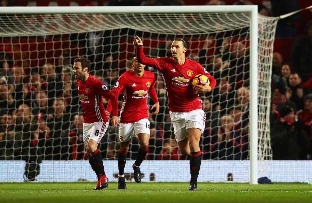 MANCHESTER, ENGLAND - NOVEMBER 27: Zlatan Ibrahimovic of Manchester United celebrates scoring his sides first goal during the Premier League match between Manchester United and West Ham United at Old Trafford on November 27, 2016 in Manchester, England. (Photo by Clive Brunskill/Getty Images)