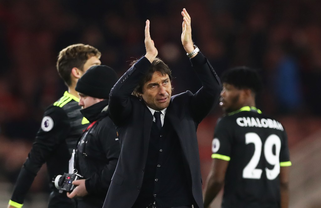 MIDDLESBROUGH, ENGLAND - NOVEMBER 20: Chelsea manager Antonio Conte celebrates during the Premier League match between Middlesbrough and Chelsea at Riverside Stadium on November 20, 2016 in Middlesbrough, England. (Photo by Ian MacNicol/Getty Images)