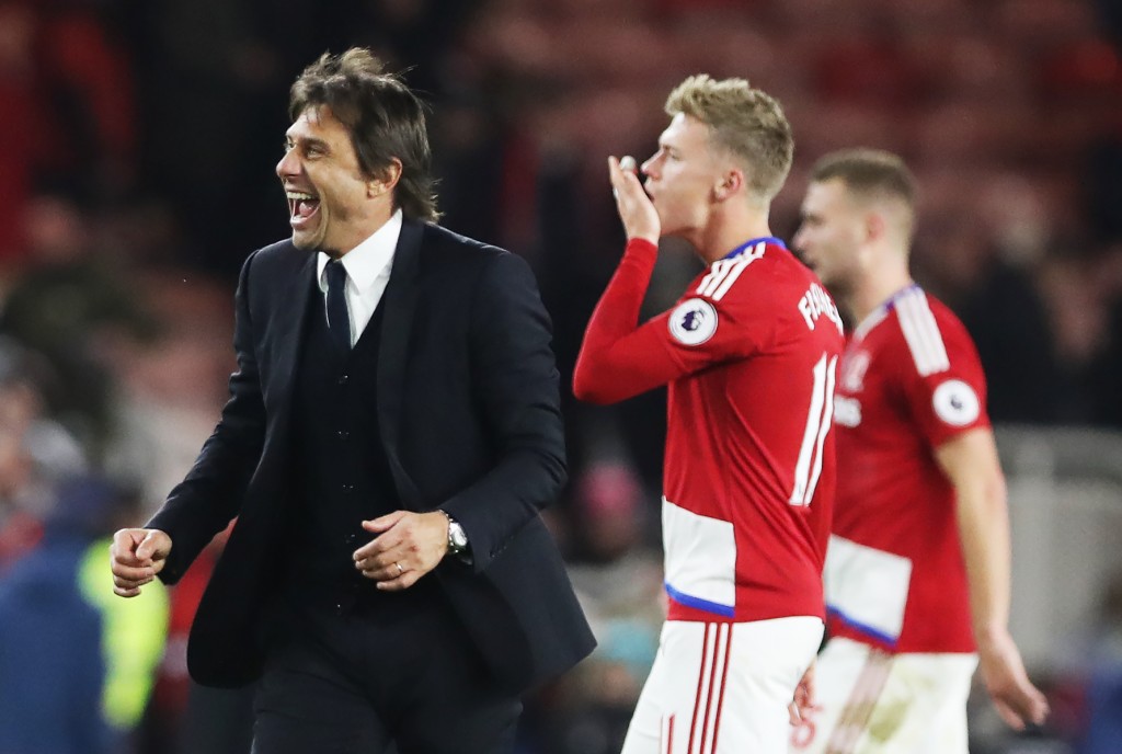 MIDDLESBROUGH, ENGLAND - NOVEMBER 20:  Chelsea manager Antonio Conte celebrates during the Premier League match between Middlesbrough and Chelsea at Riverside Stadium on November 20, 2016 in Middlesbrough, England. (Photo by Ian MacNicol/Getty Images)