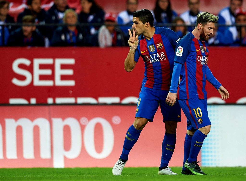 Star strikers Luis Suarez and Lionel Messi will return to the starting XI on Sunday after missing the match against Malaga last week. (Photo by Aitor Alcalde/Getty Images)