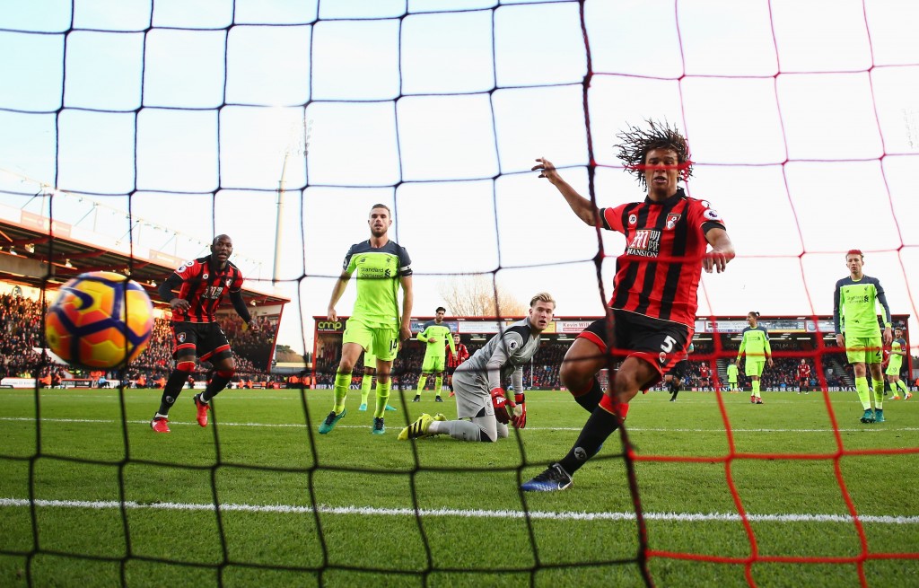 BOURNEMOUTH, ENGLAND - DECEMBER 04: Nathan Ake of AFC Bournemouth (5) scores their fourth goal during the Premier League match between AFC Bournemouth and Liverpool at Vitality Stadium on December 4, 2016 in Bournemouth, England. (Photo by Michael Steele/Getty Images)