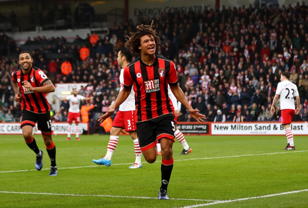 BOURNEMOUTH, ENGLAND - DECEMBER 18: Nathan Ake of AFC Bournemouth celebrates scoring his sides first goal during the Premier League match between AFC Bournemouth and Southampton at Vitality Stadium on December 18, 2016 in Bournemouth, England. (Photo by Michael Steele/Getty Images)