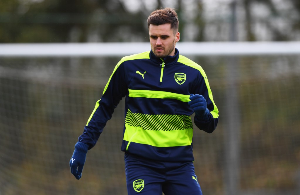 ST ALBANS, ENGLAND - NOVEMBER 22: Carl Jenkinson looks on during an Arsenal training session on the eve of their UEFA Champions League match against Paris Saint-Germain at London Colney on November 22, 2016 in St Albans, England. (Photo by Shaun Botterill/Getty Images)