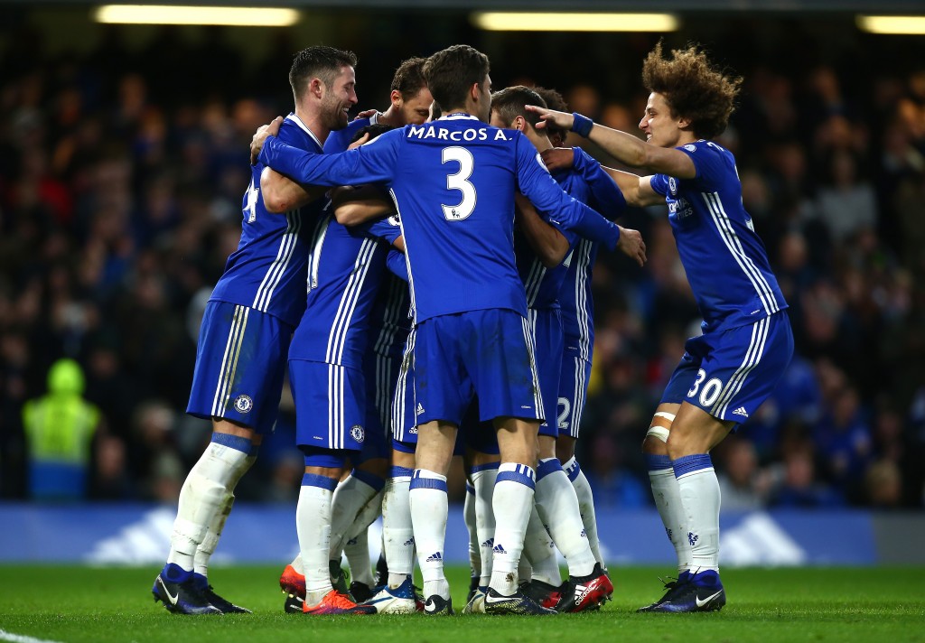 LONDON, ENGLAND - DECEMBER 26: Eden Hazard of Chelsea celebrates with team mates after scoring his sides second goal during the Premier League match between Chelsea and AFC Bournemouth at Stamford Bridge on December 26, 2016 in London, England. (Photo by Jordan Mansfield/Getty Images)
