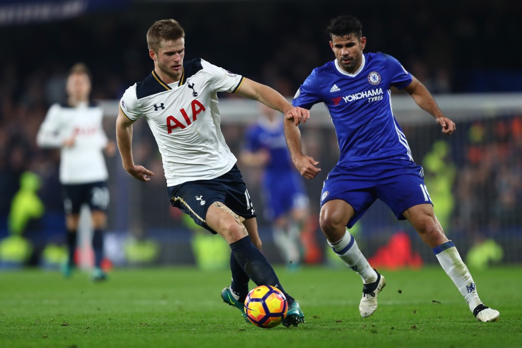LONDON, ENGLAND - NOVEMBER 26: Eric Dier of Tottenham Hotspur and Diego Costa of Chelsea compete for the ball during the Premier League match between Chelsea and Tottenham Hotspur at Stamford Bridge on November 26, 2016 in London, England. (Photo by Clive Rose/Getty Images)