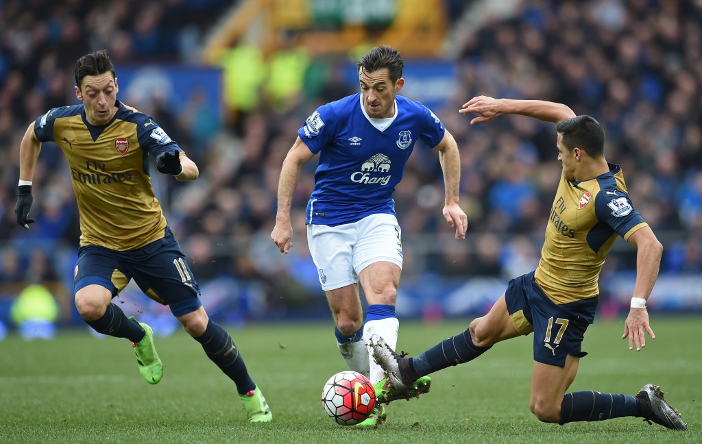 Everton's English defender Leighton Baines (C) vies with Arsenal's Chilean striker Alexis Sanchez (R) and Arsenal's German midfielder Mesut Ozil during the English Premier League football match between Everton and Arsenal at Goodison Park in Liverpool, north west England on March 19, 2016. / AFP / Paul ELLIS / RESTRICTED TO EDITORIAL USE. No use with unauthorized audio, video, data, fixture lists, club/league logos or 'live' services. Online in-match use limited to 75 images, no video emulation. No use in betting, games or single club/league/player publications. / (Photo credit should read PAUL ELLIS/AFP/Getty Images)
