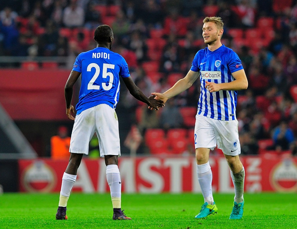 Genk's Nigerian midfielder Wilfred Ndidi (L) is congratulated by teammate Czech defender Jakub Brabec after scoring his team's second goal during the Europa League Group F football match Athletic Club de Bilbao vs KRC Genk at the San Mames stadium in Bilbao on November 3, 2016. / AFP / ANDER GILLENEA (Photo credit should read ANDER GILLENEA/AFP/Getty Images)