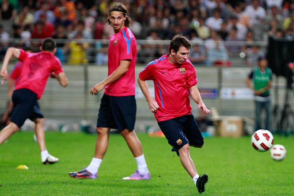 SEOUL, SOUTH KOREA - AUGUST 03: Lionel Messi and Zlatan Ibrahimovic of FC Barcelona attend during a training session at the Seoul Worldcup stadium on August 3, 2010 in Seoul, South Korea. FC Barcelona will play against South Korea's K-league all star team on August 4. (Photo by Chung Sung-Jun/Getty Images)