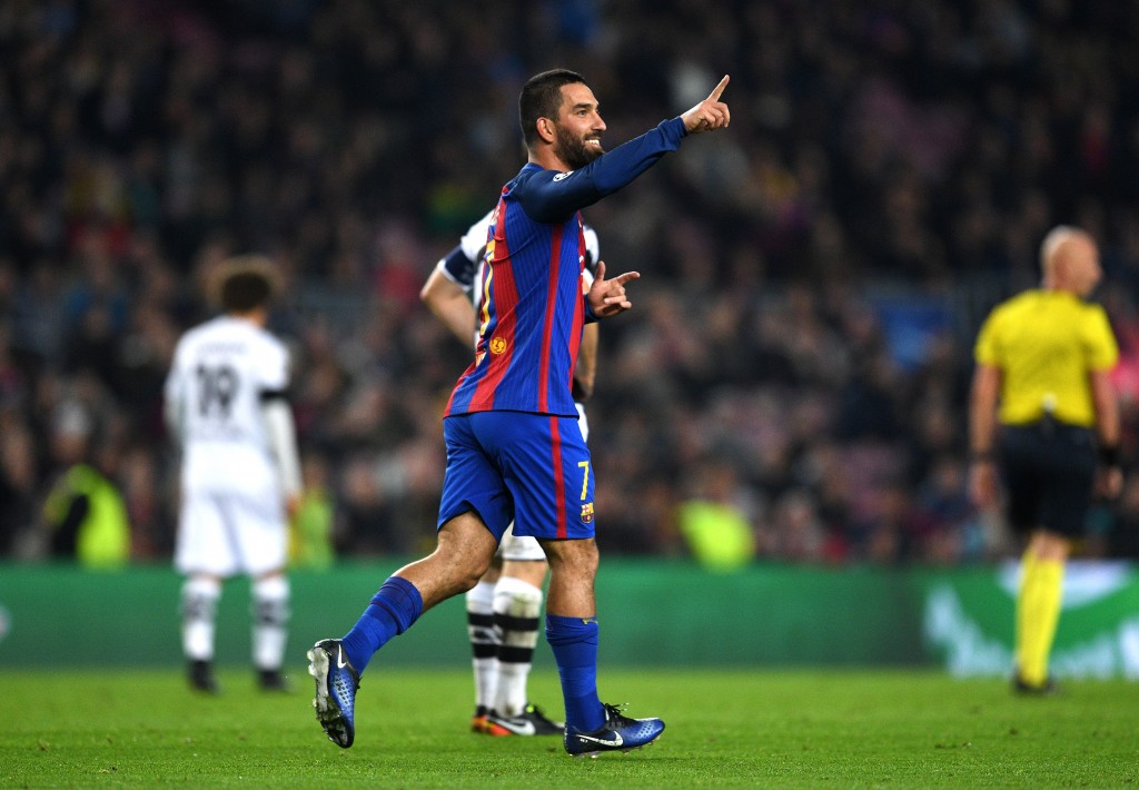 BARCELONA, SPAIN - DECEMBER 06: Arda Turan of Barcelona celebrates scoring his sides fourth goal during the UEFA Champions League Group C match between FC Barcelona and VfL Borussia Moenchengladbach at Camp Nou on December 6, 2016 in Barcelona, . (Photo by David Ramos/Getty Images)