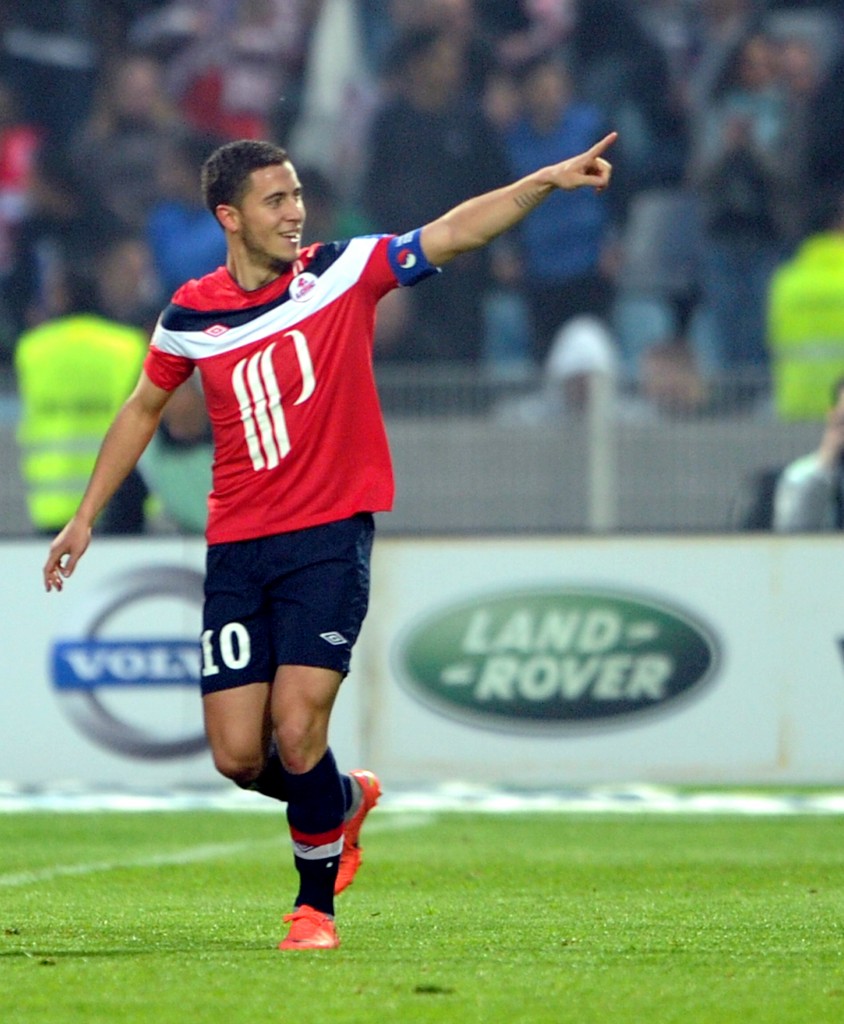 Lille's French midfielder Eden Hazard celebrates after scoring a goal during the French L1 football match Lille vs Nancy, on May 20 2012 at Lille metropole stadium in Villeneuve d'Ascq, northern France. AFP PHOTO / DENIS CHARLET (Photo credit should read DENIS CHARLET/AFP/GettyImages)