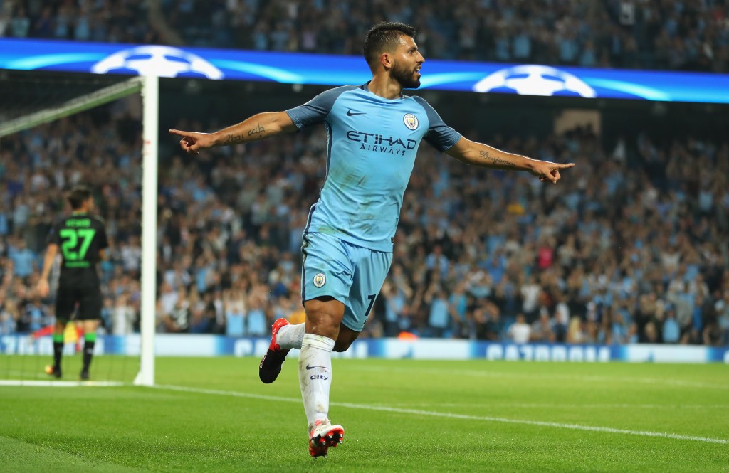 MANCHESTER, ENGLAND - SEPTEMBER 14: Sergio Aguero of Manchester City celebrates scoring his third during the UEFA Champions League match between Manchester City FC and VfL Borussia Moenchengladbach at Etihad Stadium on September 14, 2016 in Manchester, England. (Photo by Richard Heathcote/Getty Images)