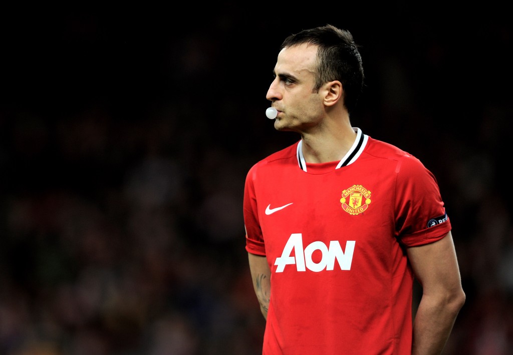 MANCHESTER, ENGLAND - FEBRUARY 23: Dimitar Berbatov of Manchester United looks on prior to the UEFA Europa League Round of 32 second leg match between Manchester United and AFC Ajax at Old Trafford on February 23, 2012 in Manchester, England. (Photo by Michael Regan/Getty Images)