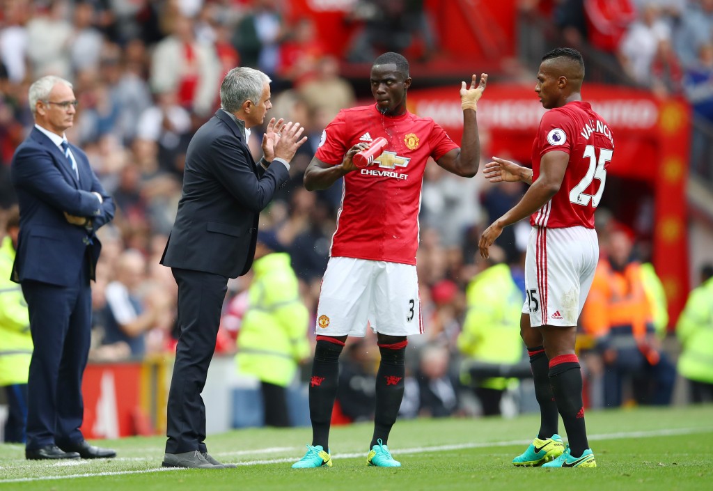 MANCHESTER, ENGLAND - SEPTEMBER 24: Jose Mourinho, Manager of Manchester United gives Eric Bailly of Manchester United and Antonio Valencia of Manchester United instructions during the Premier League match between Manchester United and Leicester City at Old Trafford on September 24, 2016 in Manchester, England. (Photo by Clive Brunskill/Getty Images)