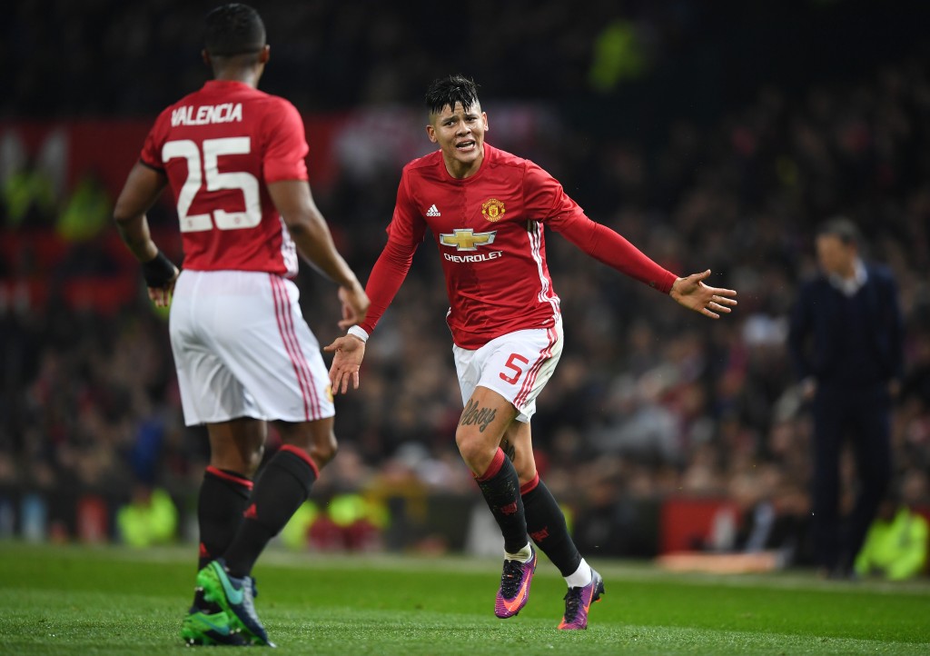 MANCHESTER, ENGLAND - NOVEMBER 30: Marcos Rojo of Manchester United reacts during the EFL Cup quarter final match between Manchester United and West Ham United at Old Trafford on November 30, 2016 in Manchester, England. (Photo by Shaun Botterill/Getty Images)