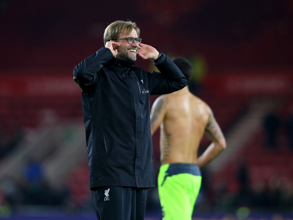 MIDDLESBROUGH, ENGLAND - DECEMBER 14: Jurgen Klopp, Manager of Liverpool applauds supporters after his team's 3-0 win in the Premier League match between Middlesbrough and Liverpool at Riverside Stadium on December 14, 2016 in Middlesbrough, England. (Photo by Alex Livesey/Getty Images)