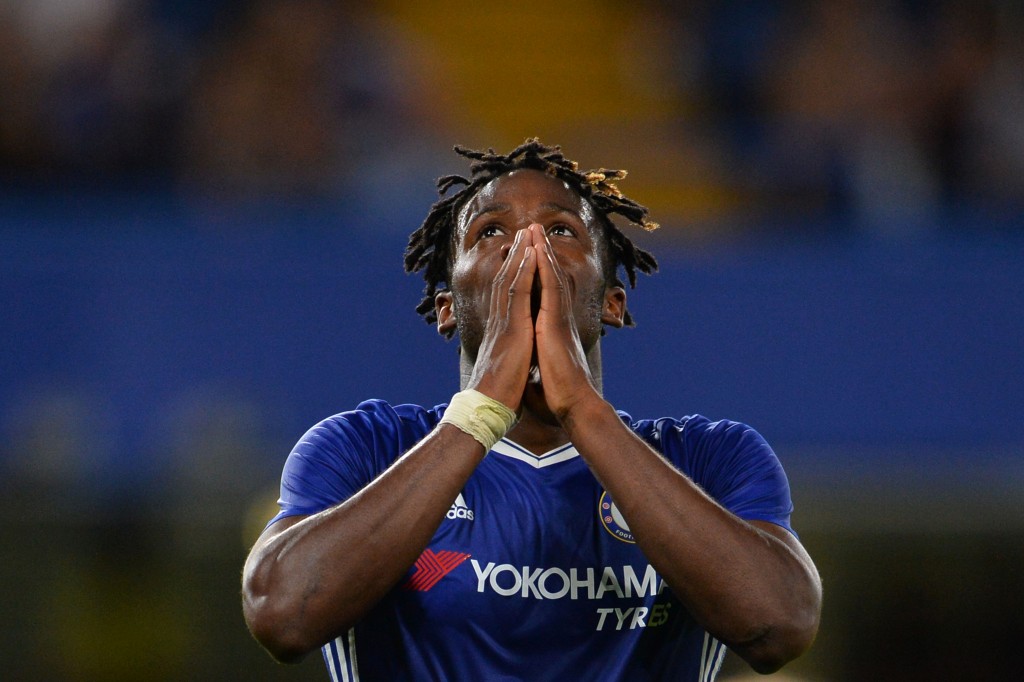 TOPSHOT - Chelsea's Belgian striker Michy Batshuayi reacts during the English League Cup second round football match between Chelsea and Bristol Rovers at Stamford Bridge in London on August 23, 2016. / AFP / GLYN KIRK / RESTRICTED TO EDITORIAL USE. No use with unauthorized audio, video, data, fixture lists, club/league logos or 'live' services. Online in-match use limited to 75 images, no video emulation. No use in betting, games or single club/league/player publications. / (Photo credit should read GLYN KIRK/AFP/Getty Images)