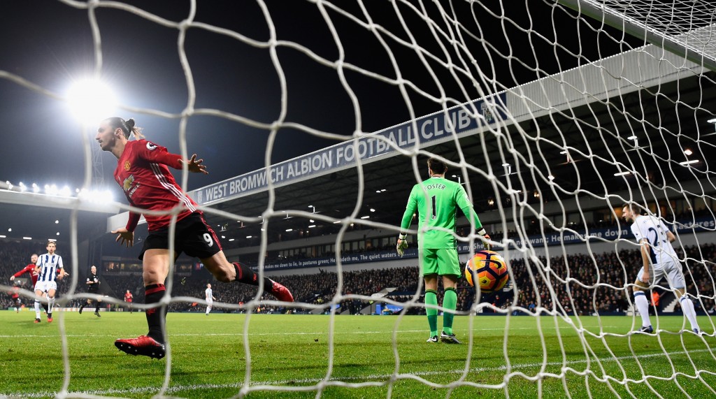 WEST BROMWICH, ENGLAND - DECEMBER 17: Zlatan Ibrahimovic of Manchester United celebrates after scoring his sides first goal with a header during the Premier League match between West Bromwich Albion and Manchester United at The Hawthorns on December 17, 2016 in West Bromwich, England. (Photo by Stu Forster/Getty Images)