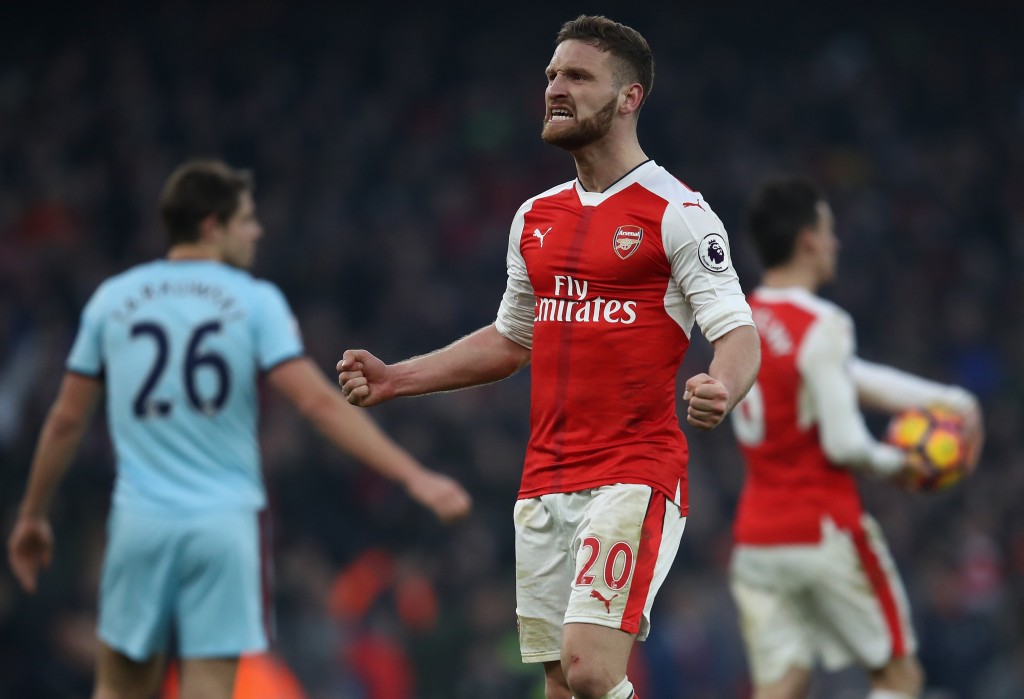 LONDON, ENGLAND - JANUARY 22: Shkodran Mustafi of Arsenal celebrates his side's 2-1 win after the Premier League match between Arsenal and Burnley at the Emirates Stadium on January 22, 2017 in London, England. (Photo by Julian Finney/Getty Images)