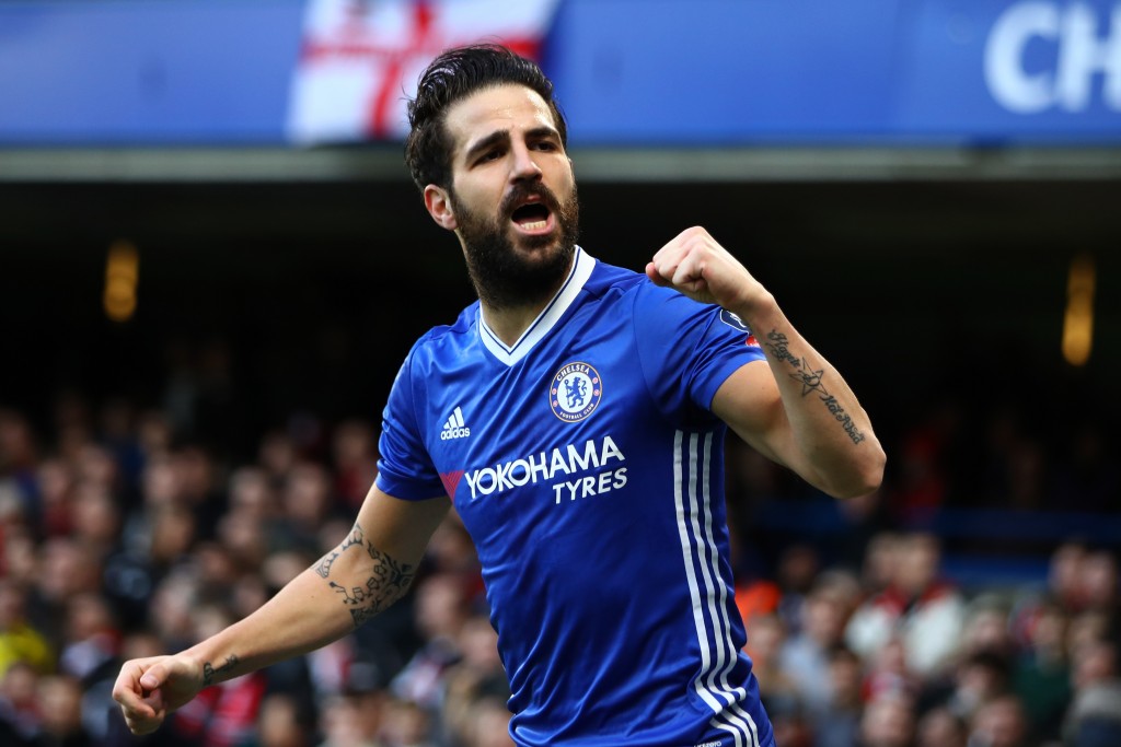 LONDON, ENGLAND - JANUARY 28: Cesc Fabregas of Chelsea celebrates after Willian (not pictured) scores his sides first goal during the Emirates FA Cup Fourth Round match between Chelsea and Brentford at Stamford Bridge on January 28, 2017 in London, England. (Photo by Clive Mason/Getty Images)