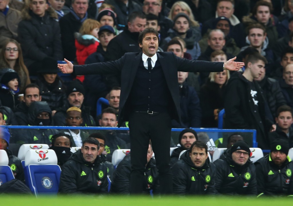 LONDON, ENGLAND - DECEMBER 31: Antonio Conte, Manager of Chelsea gestures during the Premier League match between Chelsea and Stoke City at Stamford Bridge on December 31, 2016 in London, England. (Photo by Steve Bardens/Getty Images)
