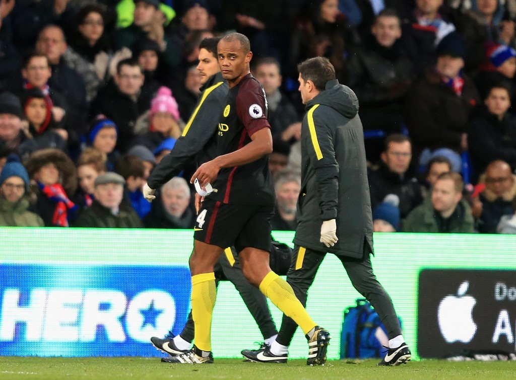 Manchester City captain Vincent Kompany is no closer to a return from knee injury. (Photo by Stephen Pond/Getty Images)