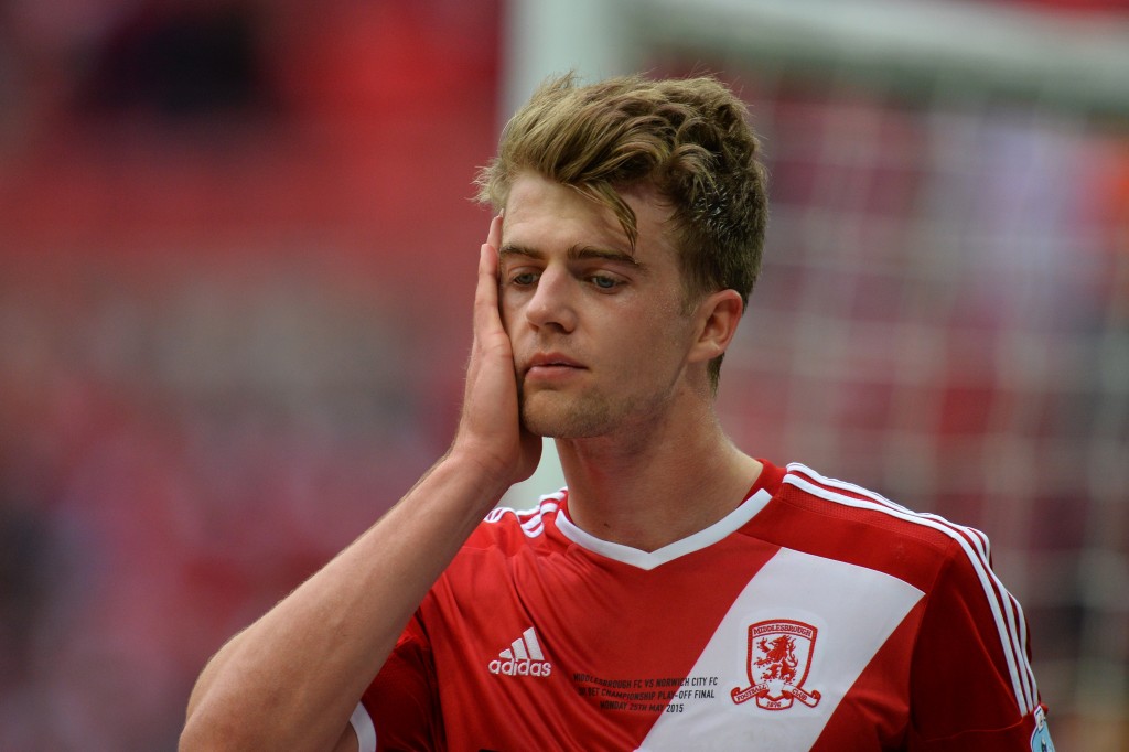 Middlesbrough's English striker Patrick Bamford reacts at the final whistle of the English Championship play off final football match between Middlesbrough and Norwich City at Wembley Stadium in London on May 25, 2015. (Photo by Glyn Kirk/AFP/Getty Images)