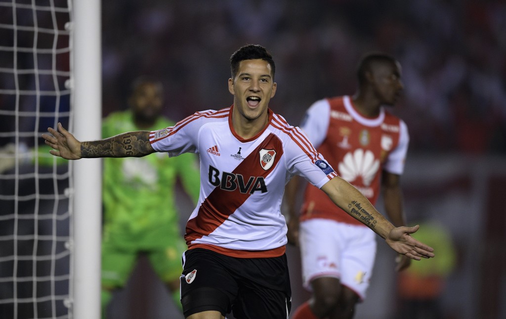 Argentina's River Plate forward Sebastian Driussi celebrates after scoring a goal against Colombia's Independiente Santa Fe during their Recopa Sudamericana 2016 second leg final football match at the Monumental stadium in Buenos Aires on August 25, 2016. / AFP / JUAN MABROMATA (Photo credit should read JUAN MABROMATA/AFP/Getty Images)
